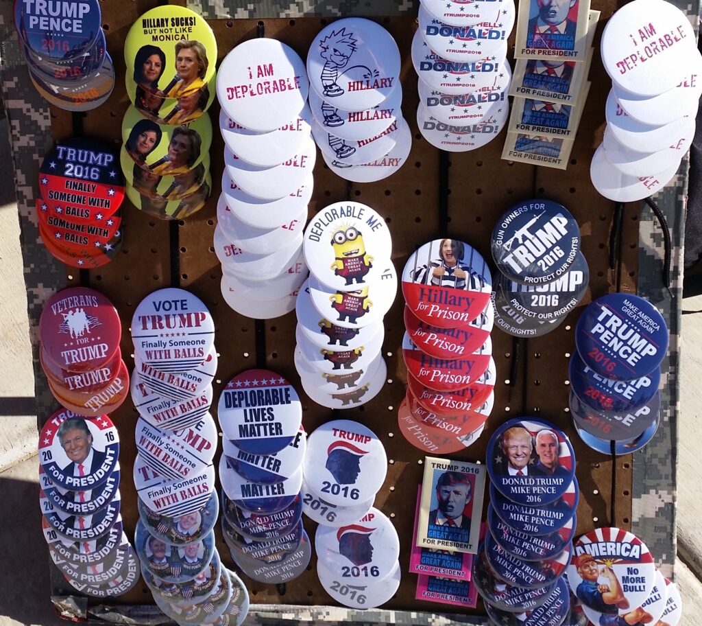 Buttons for sale at the Trump rally in Grand Junction