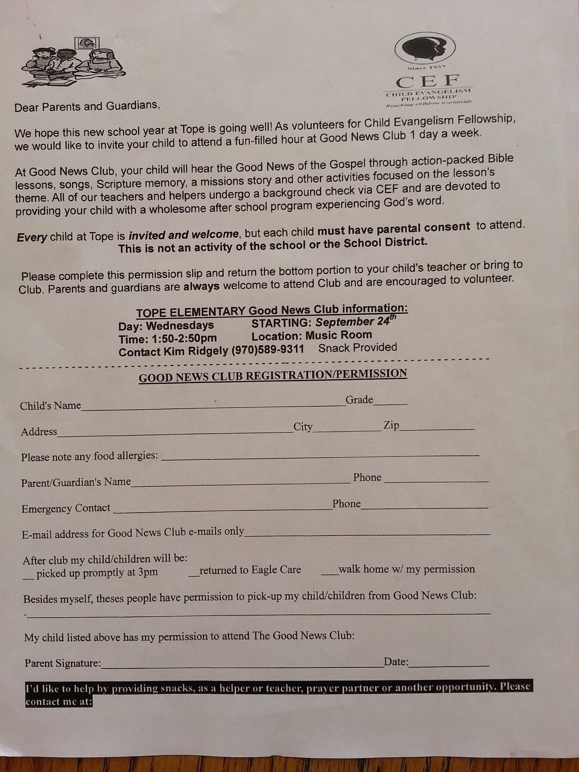 Permission slip sent home for kids to attend evangelical Christian "Good News Club" events at Tope Elementary.