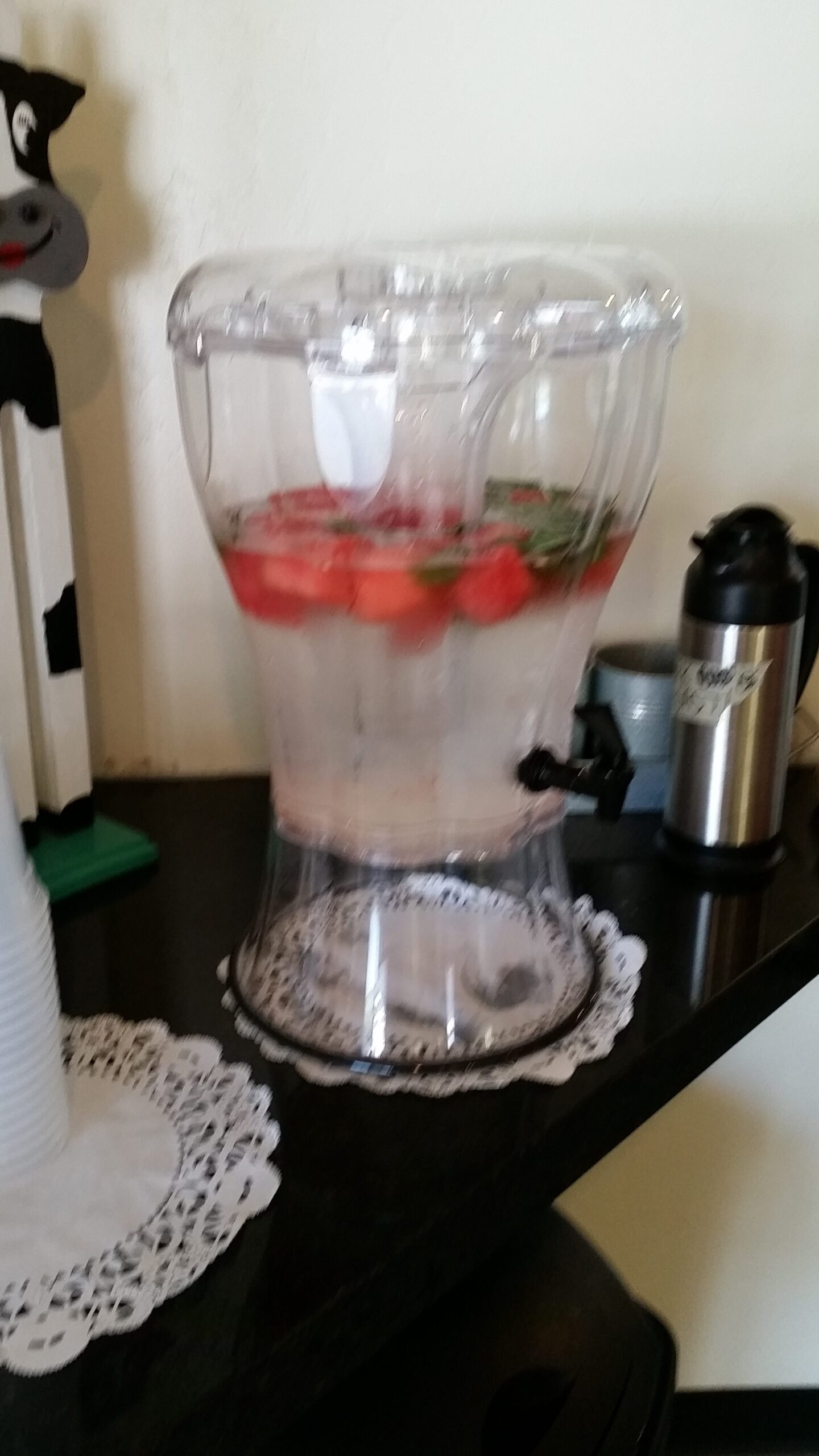 Water, flavored with chunks of fresh watermelon and sprigs of rosemary