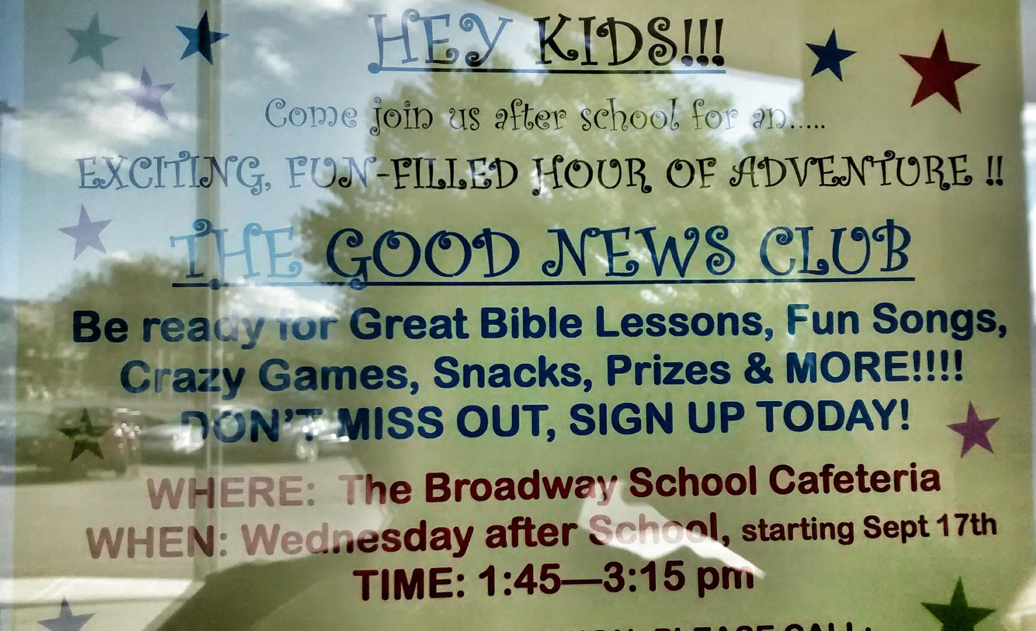 This "Hey Kids!!!" poster recruits kids to attend evangelistic Bible classes at Broadway Elementary.