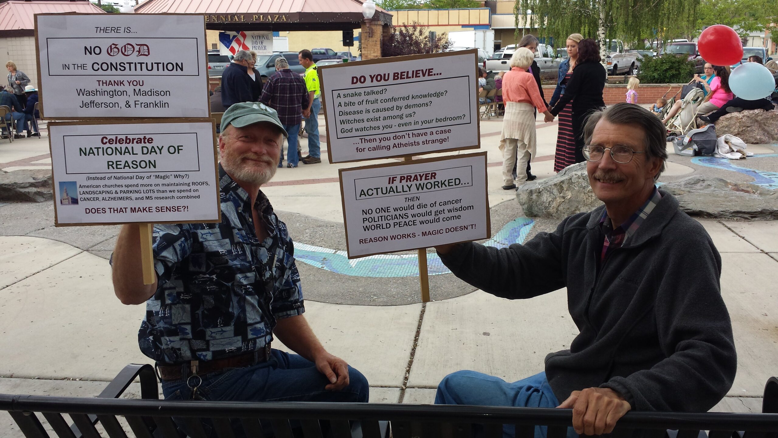 Atheists protest National Day of Prayer in Centennial Plaza, adjacent to Montrose City Hall