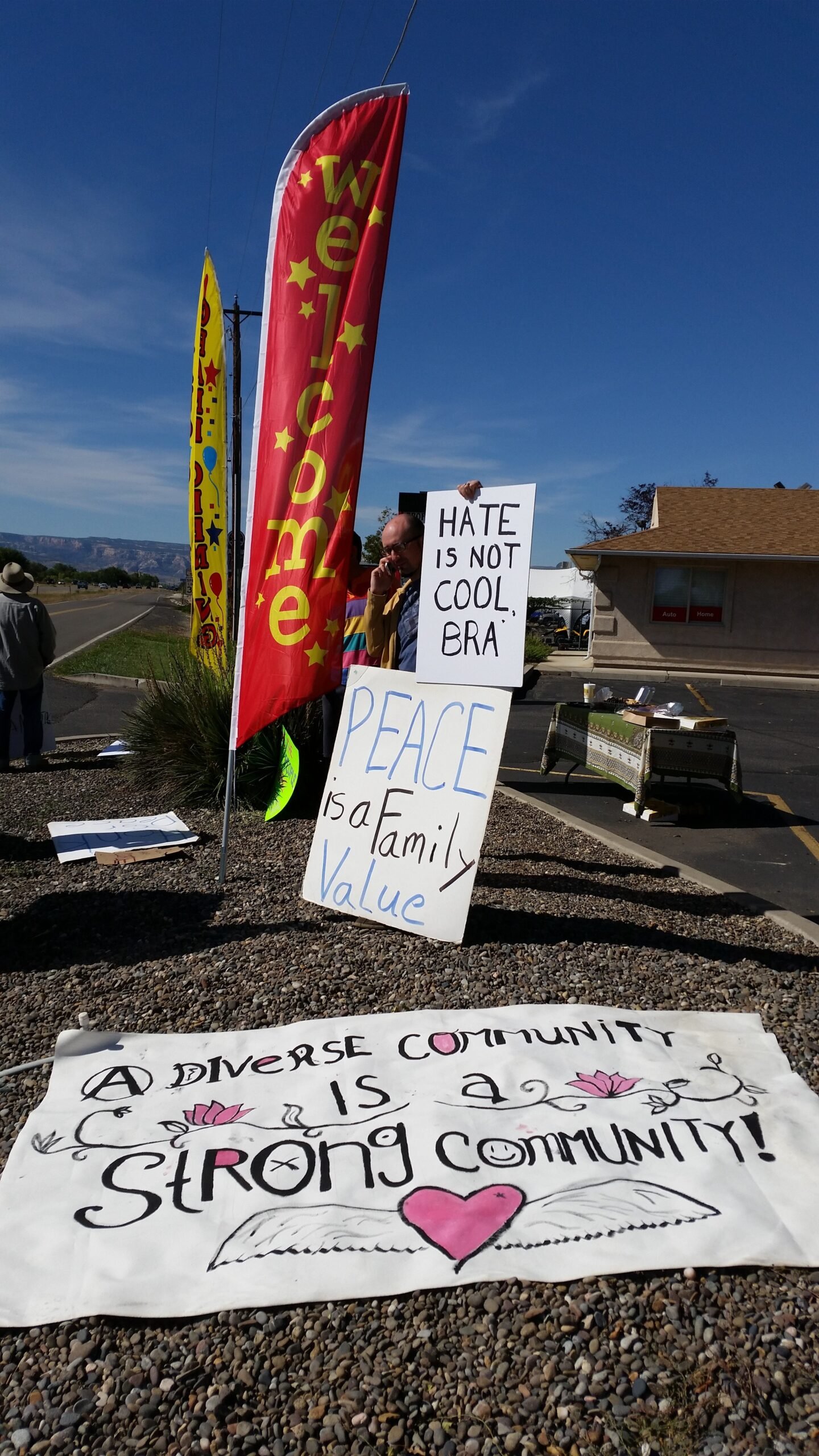 Anti-Islamaphobia rally particpants in Grand Junction today had plenty of signs indicating how they felt about an armed rally by Islam-haters that was planned for the same spot, but never materialized