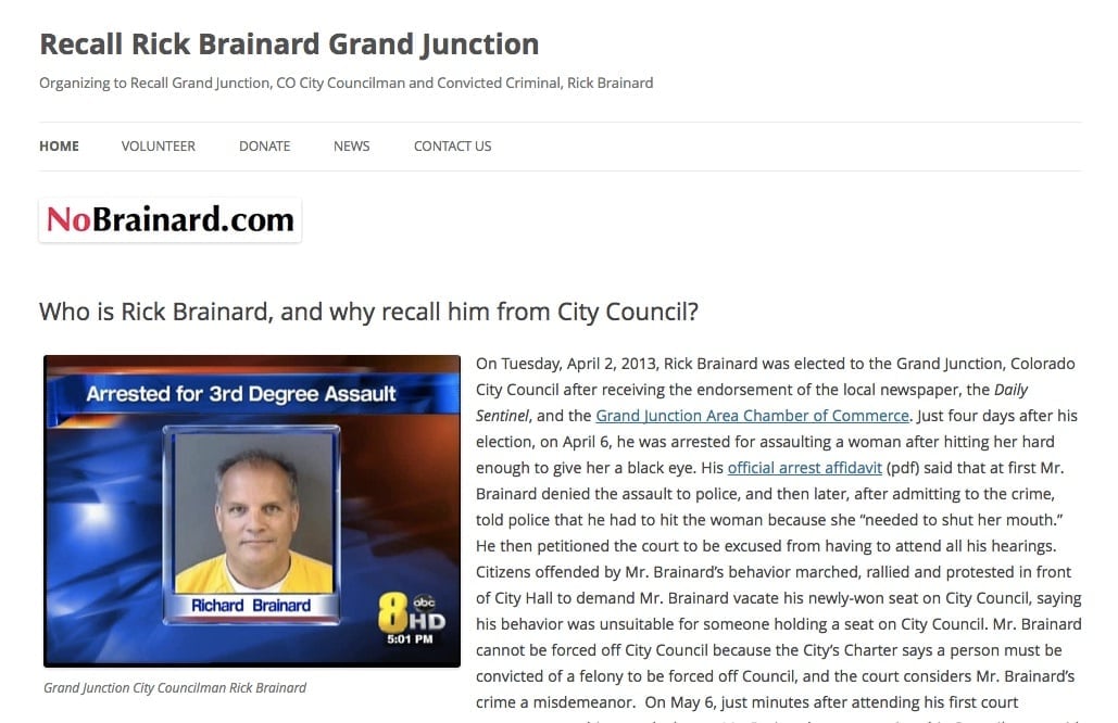 Screen shot of new NoBrainard.com website