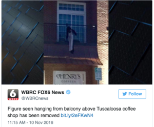 A black person hung in effigy over a coffee bar in Alabama was reported on social media