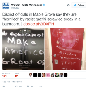 Photo posted on social media of racist graffiti that "horrified" school officials at a high school in Maple Grove, MN