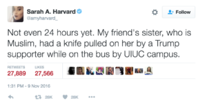 A tweet about a knife attack on a Muslim less than 24 hours after the election