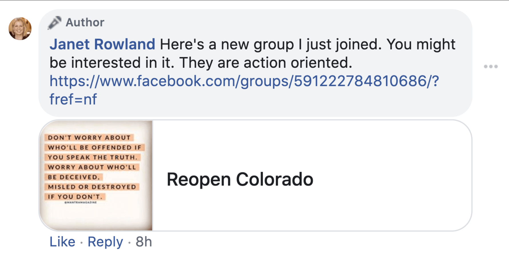 Anti-public health FB post by Janet Rowland